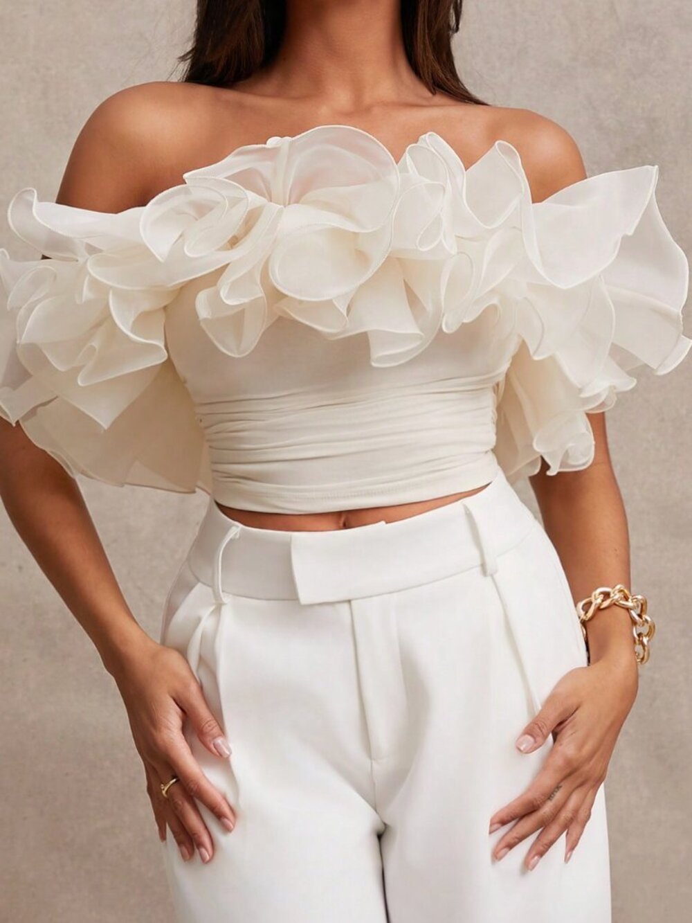 Apricot Elegant Women's Exaggerated Ruffle Trim Bandeau Top - Picture 5 of 6